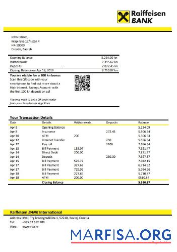 Realistic Croatia Raiffeisen bank statement word example